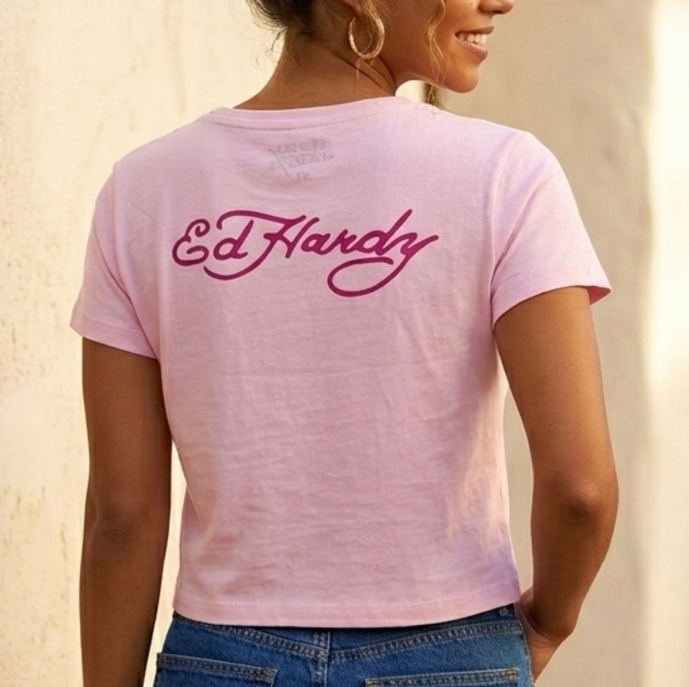 Y2K Ed Hardy Light Pink Snake Skull Tattoo Graphic Art XLarge Cropped Tee NYC - Picture 2 of 15